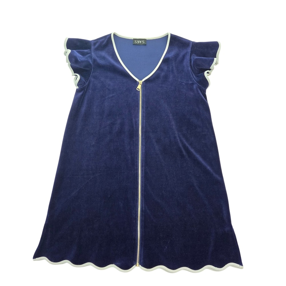 SSYS The Label Navy Blue Velvet Full Zip Scalloped Hem Get Ready Robe Dress S